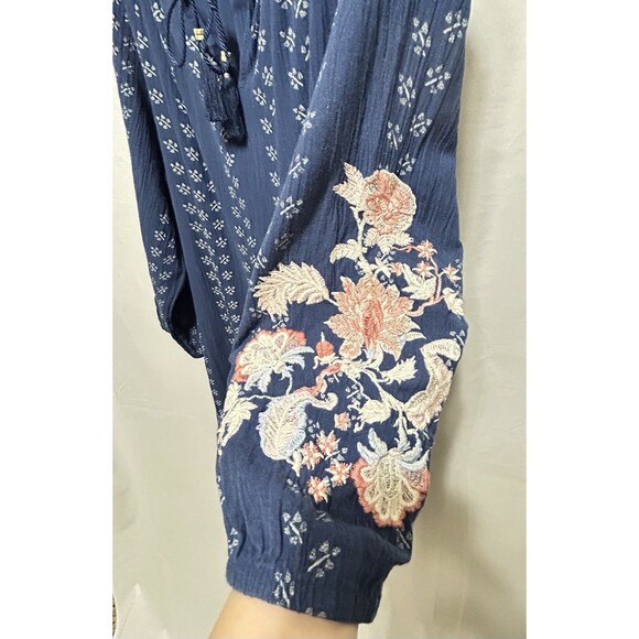 J. Jill Women's Large Floral Embroidered Peasant Blue‎ Batik Print Dress - Picture 9 of 13